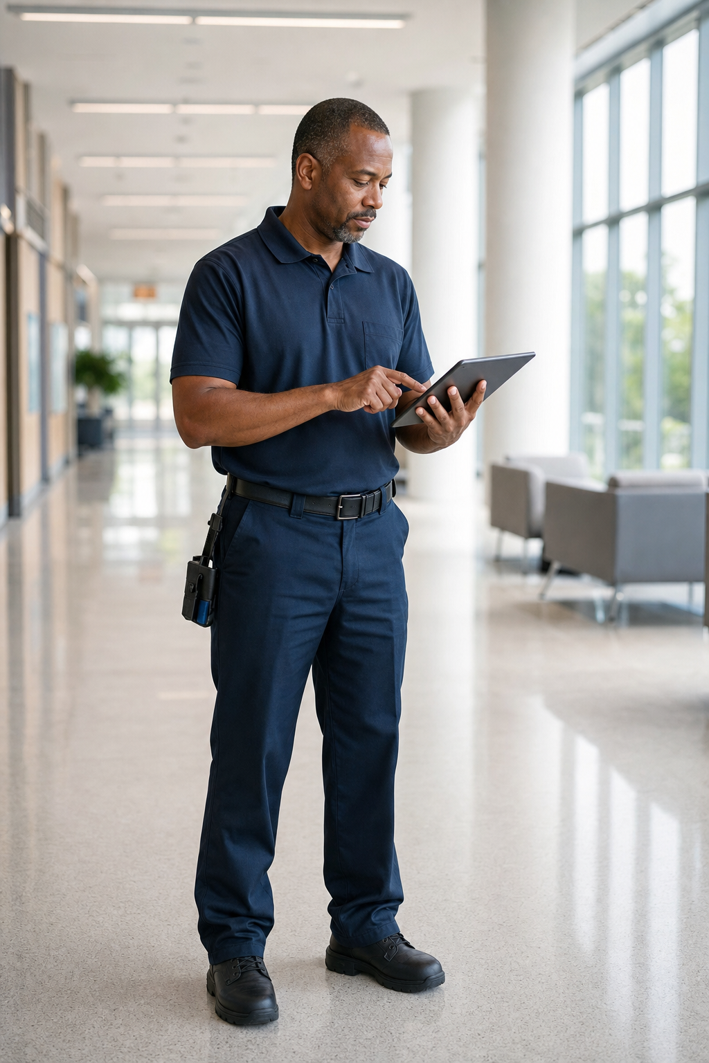Supervisor JVS Facilities realizando checklist digital em ambiente corporativo